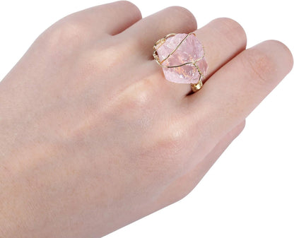 Raw Healing Crystal Ring Copper Wire Wrapped Irregular Crystal Gemstone Adjustalble Ring Jewelry for Women