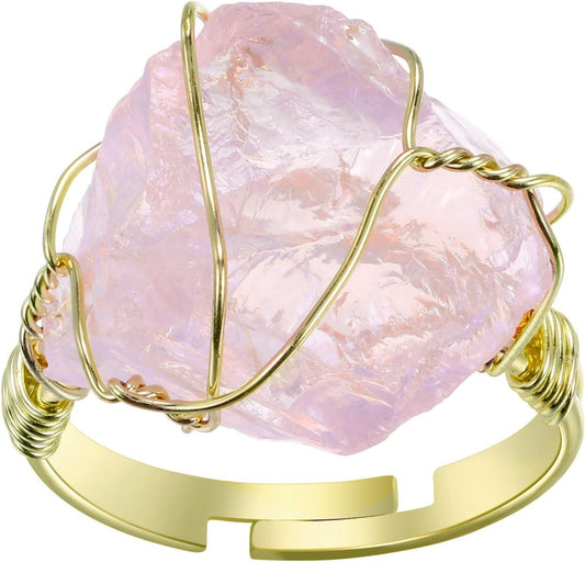 Raw Healing Crystal Ring Copper Wire Wrapped Irregular Crystal Gemstone Adjustalble Ring Jewelry for Women