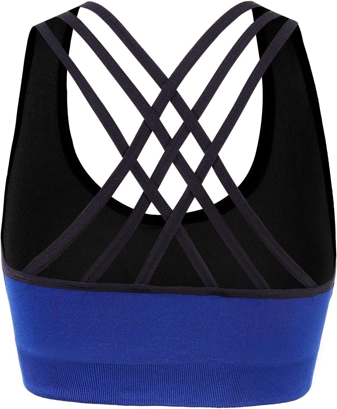 Women'S Seamless Removable Cups Yoga Sport Bra，Back Cross Strap Beauty Back Bra (Black+Blue, S)