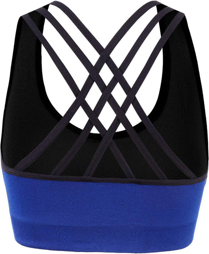 Women'S Seamless Removable Cups Yoga Sport Bra，Back Cross Strap Beauty Back Bra (Black+Blue, S)