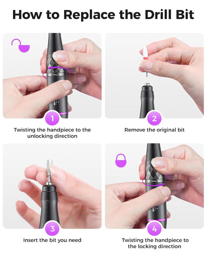 Electric Nail Drill Professional Kit: 45,000 RPM USB Rechargeable Efile Nail Drill Nail File with 12 Bits for Polishing Gel/Acrylic Nails- Portable Manicure Tool Set for Salon/Home-Black