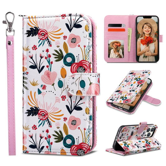 Iphone 13 Pro Wallet Case for Women Girls, Kickstand PU Leather Phone Case with Card Holder for Apple Iphone 13 Pro 6.1 Inch 2021, Wild Flora