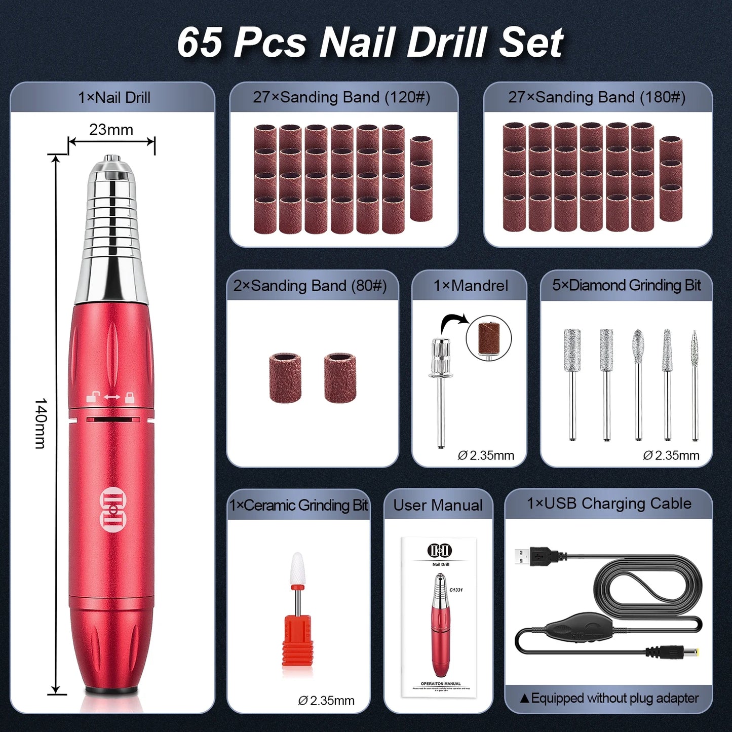 Electric Nail Drill Machine,  30000RPM Professional Nail Drill Kit Red