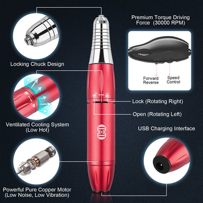 Electric Nail Drill Machine,  30000RPM Professional Nail Drill Kit Red