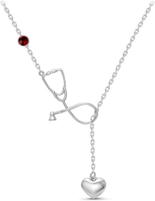 Nurse Necklace for Women Silver Stethoscope Necklace Birthstone Nurse Necklaces for Girls Graduation Gift for Doctor Nurse Medical Student