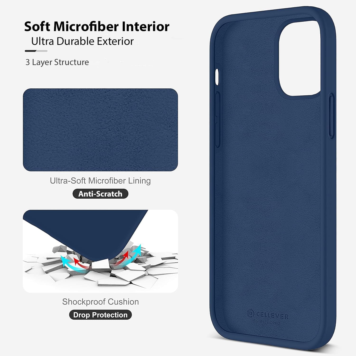 Heavy-Duty Silicone Case for Iphone 12/12 Pro - Two Shatterproof Glass Screen Protectors, Military Drop Protection, Scratch-Free Interior, Navy Blue