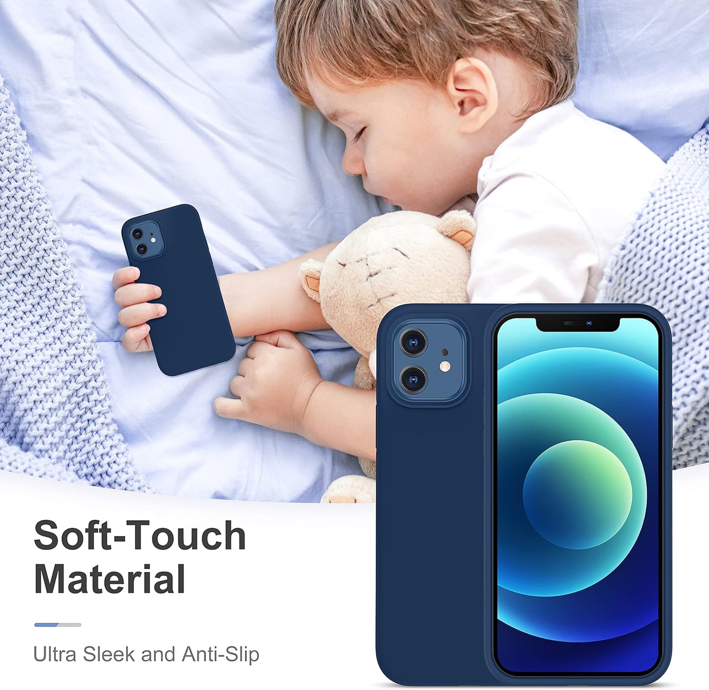 Heavy-Duty Silicone Case for Iphone 12/12 Pro - Two Shatterproof Glass Screen Protectors, Military Drop Protection, Scratch-Free Interior, Navy Blue