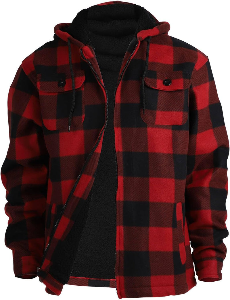 Heavy Thick Flannel Plaid Jacket Sherpa Fleece Lined Hoodies for Men Zip up Winter Warm Coat Buffalo Zipper Sweatshirt
