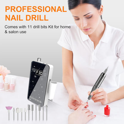 Professional Electric Nail Drill File: Glitter Portable Cordless E-File Nail Drill Kit with 11 Drill Bits,30000 RPM Rechargeable Nail Drills Machine for Acrylic Nails Gel Polishing(Black)