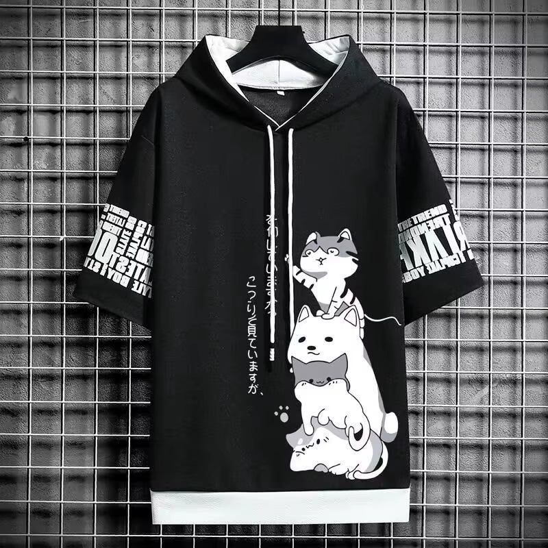 Japan Fashion Men'S Hoodies Summer Men Clothing Cartoon Casual Harajuku Streetwear Print Hooded Top Short Sleeve Sweatshirts Men