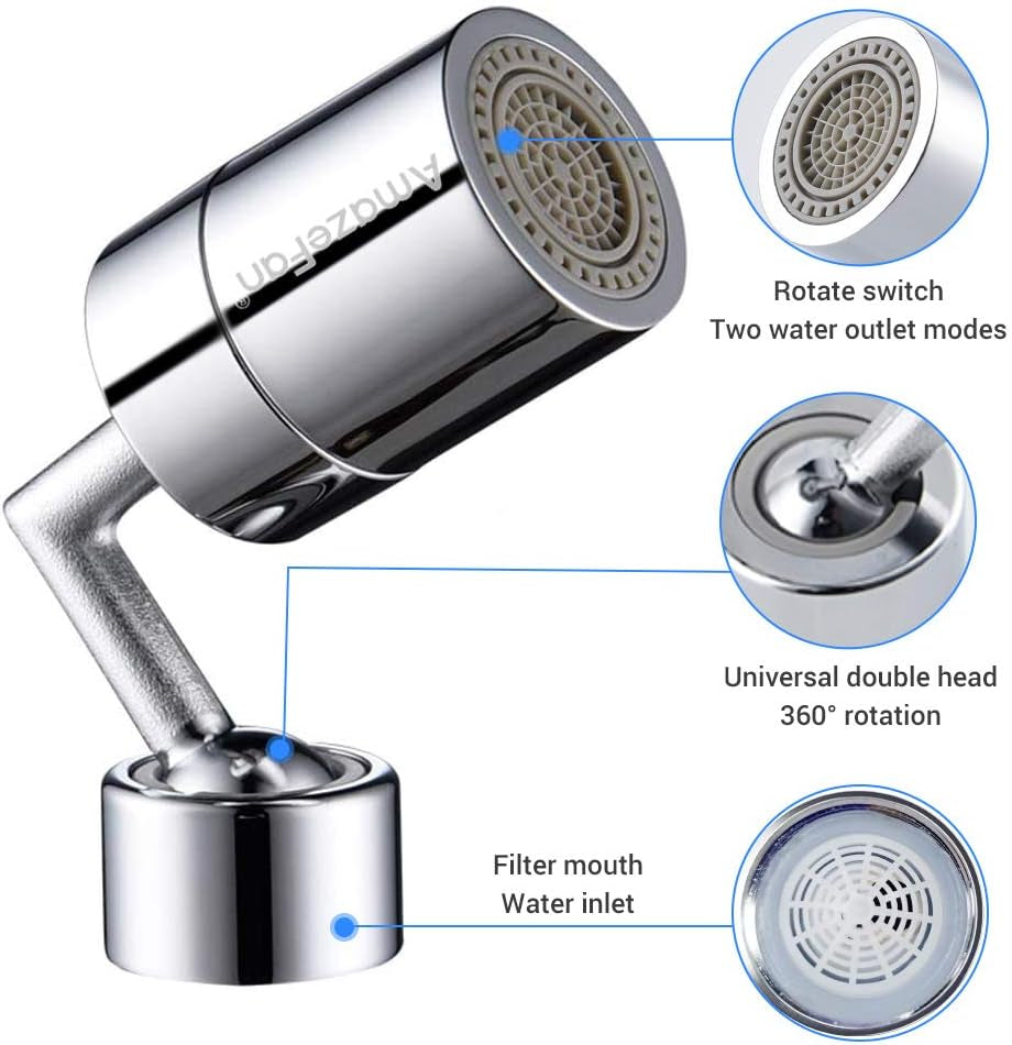 Swivel Faucet Extender Kitchen Sink Faucet Aerator, 360° Rotatable Sprayer Faucet Head Replacement, 2 Spray Modes Universal Splash Filter Faucet Nozzle Head with Faucet Adapter