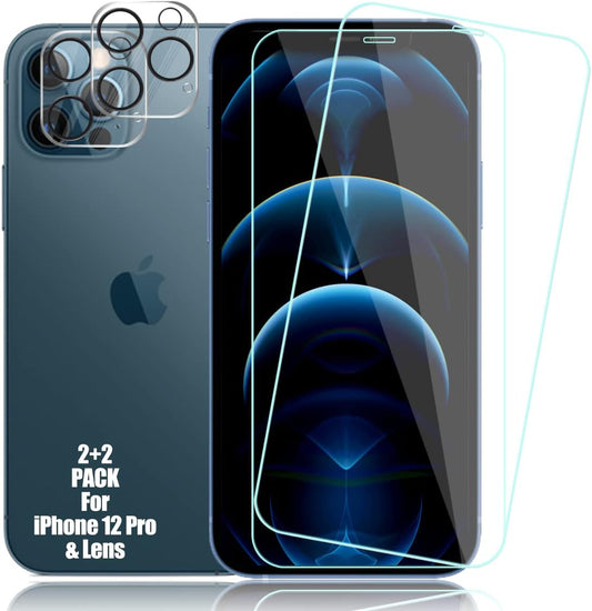 Compatible with Iphone 12 Pro Screen Protector+ Camera Lens Protectors, [2 + 2 Pack] Premium HD Clear Tempered Glass, Anti-Bubble 3D Curved Accuracy Film for Iphone 12 Pro(6.1 Inch)