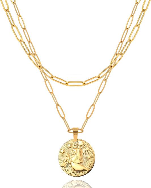 Dainty Zodiac Necklace for Women Zodiac Sign Necklaces 18K Real Gold Plated Paperclip Link Chain Necklaces Layered Gold Necklaces for Women Jewelry Gifts