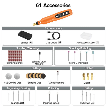 Cordless Rotary Tool Kit 5-Speed Variable and USB Charging Cable Mini Power Rotary Tools, 4.2V with 61 Pcs Accessories for DIY Crafts (Orange)