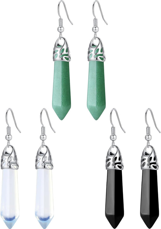 Healing Crystals Earrings Sets for Women Hexagonal Points Real Natural Green Aventurine Obsidian Opal Quartz Dangling Drop Dangle Earrings Spiritual Energy Gemstones Reiki Balancing Crystal