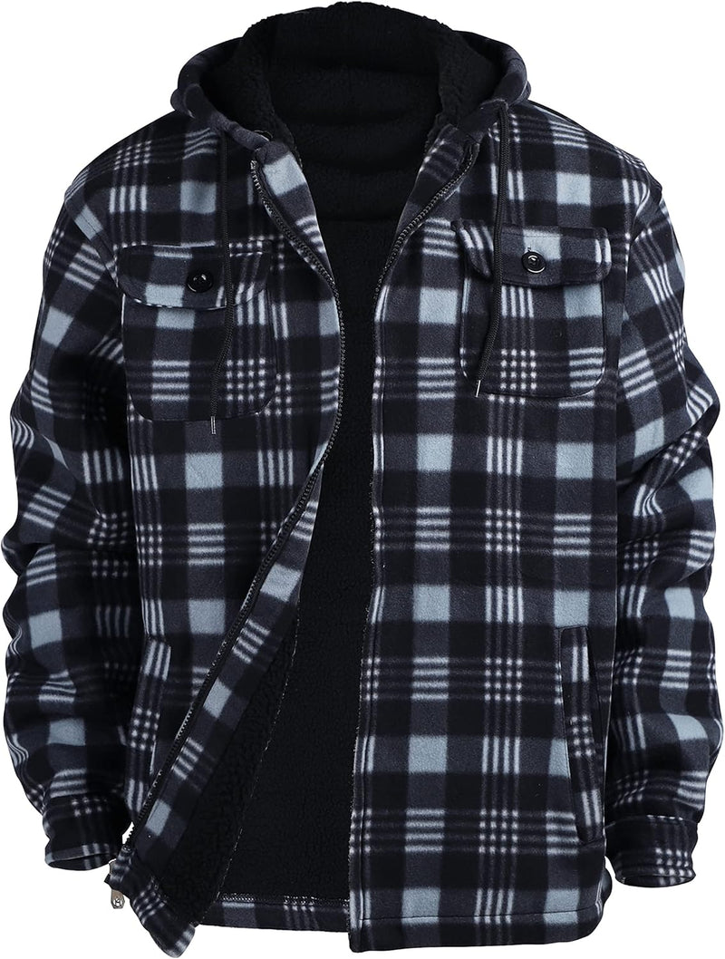 Heavy Thick Flannel Plaid Jacket Sherpa Fleece Lined Hoodies for Men Zip up Winter Warm Coat Buffalo Zipper Sweatshirt