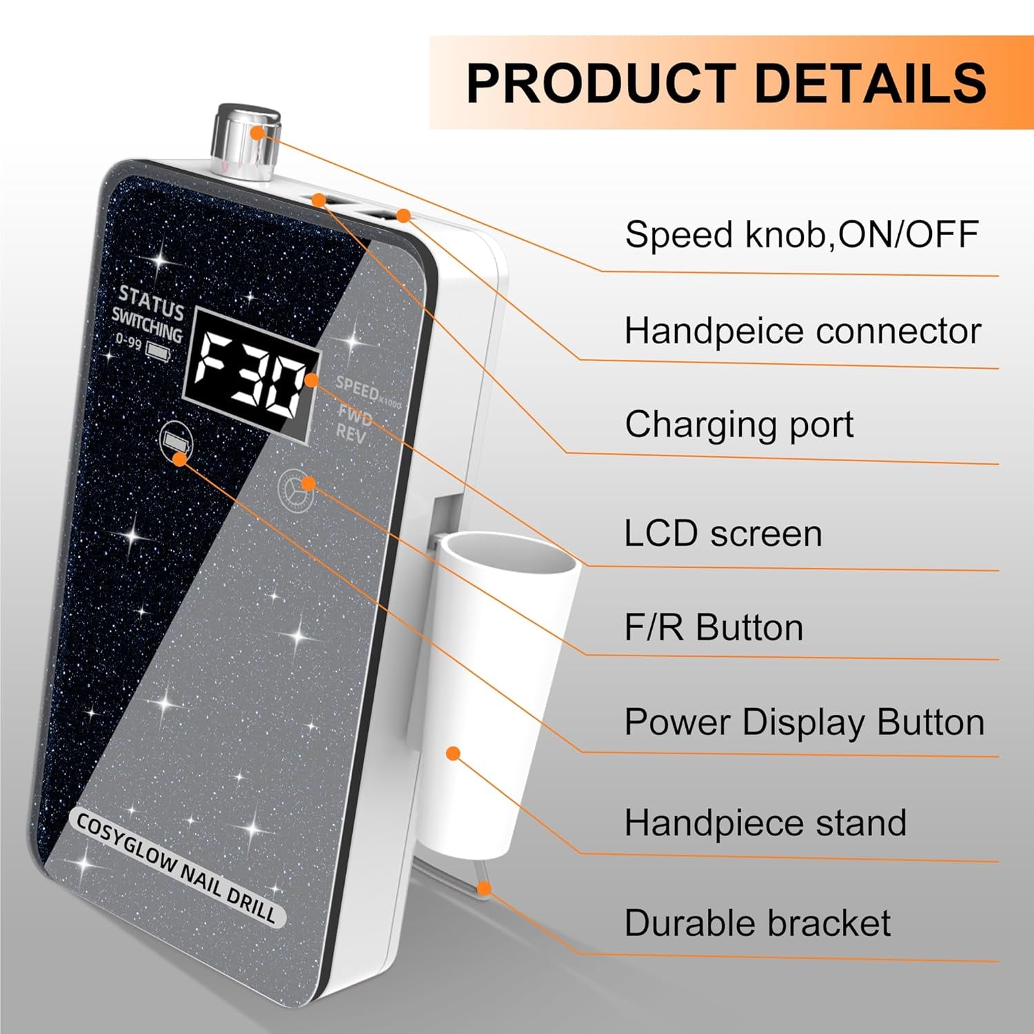 Professional Electric Nail Drill File: Glitter Portable Cordless E-File Nail Drill Kit with 11 Drill Bits,30000 RPM Rechargeable Nail Drills Machine for Acrylic Nails Gel Polishing(Black)