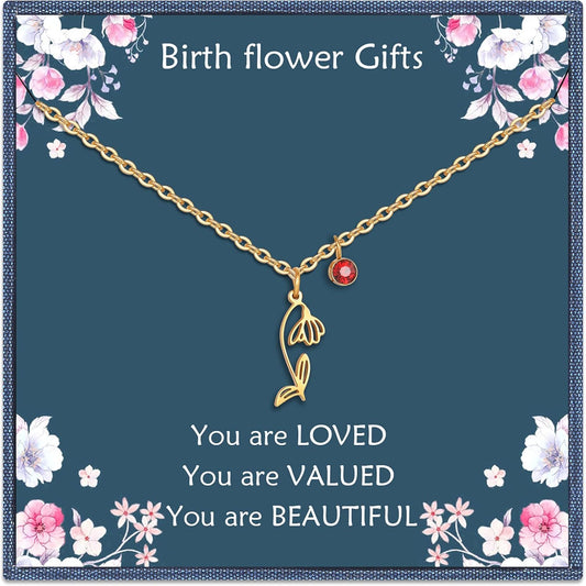 Birth Flower Necklaces Birthday Gifts for Women | 14K Gold Plated Birth Month Floral Birthstone Pendant Necklaces Wildflower Flowered Jewelry Gifts for Mom Friends