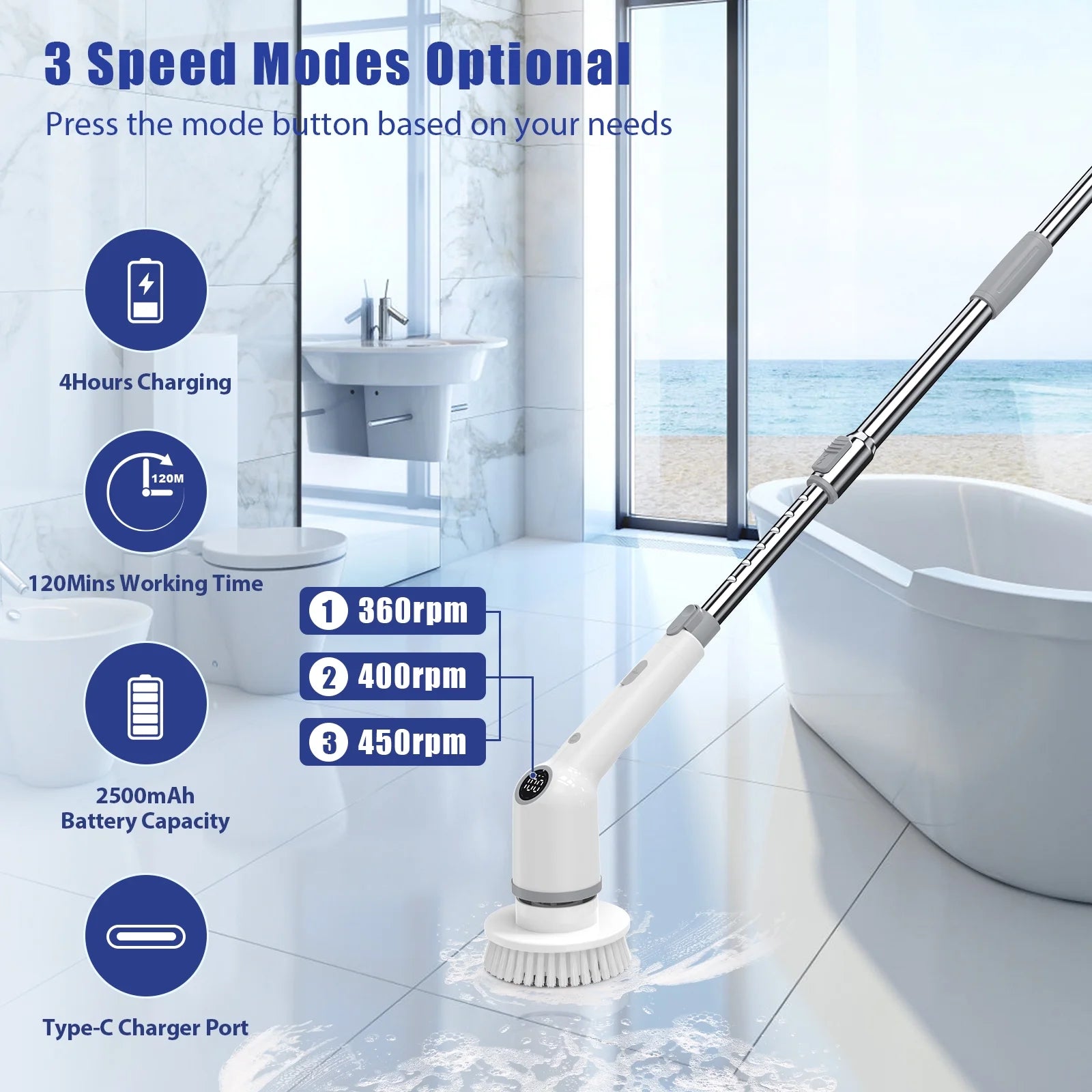 Electric Spin Scrubber, Cordless Shower Scrubber with 8 Scrub Brush, Adjustable Extension Handle, 450RPM Powerful Cleaning Brush for Bathtub Bathroom Kitchen Tub Tile Floor