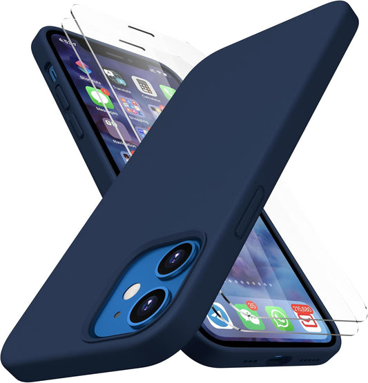 Heavy-Duty Silicone Case for Iphone 12/12 Pro - Two Shatterproof Glass Screen Protectors, Military Drop Protection, Scratch-Free Interior, Navy Blue