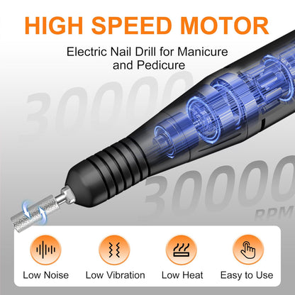 Professional Electric Nail Drill File: Glitter Portable Cordless E-File Nail Drill Kit with 11 Drill Bits,30000 RPM Rechargeable Nail Drills Machine for Acrylic Nails Gel Polishing(Black)