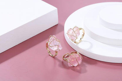 Raw Healing Crystal Ring Copper Wire Wrapped Irregular Crystal Gemstone Adjustalble Ring Jewelry for Women