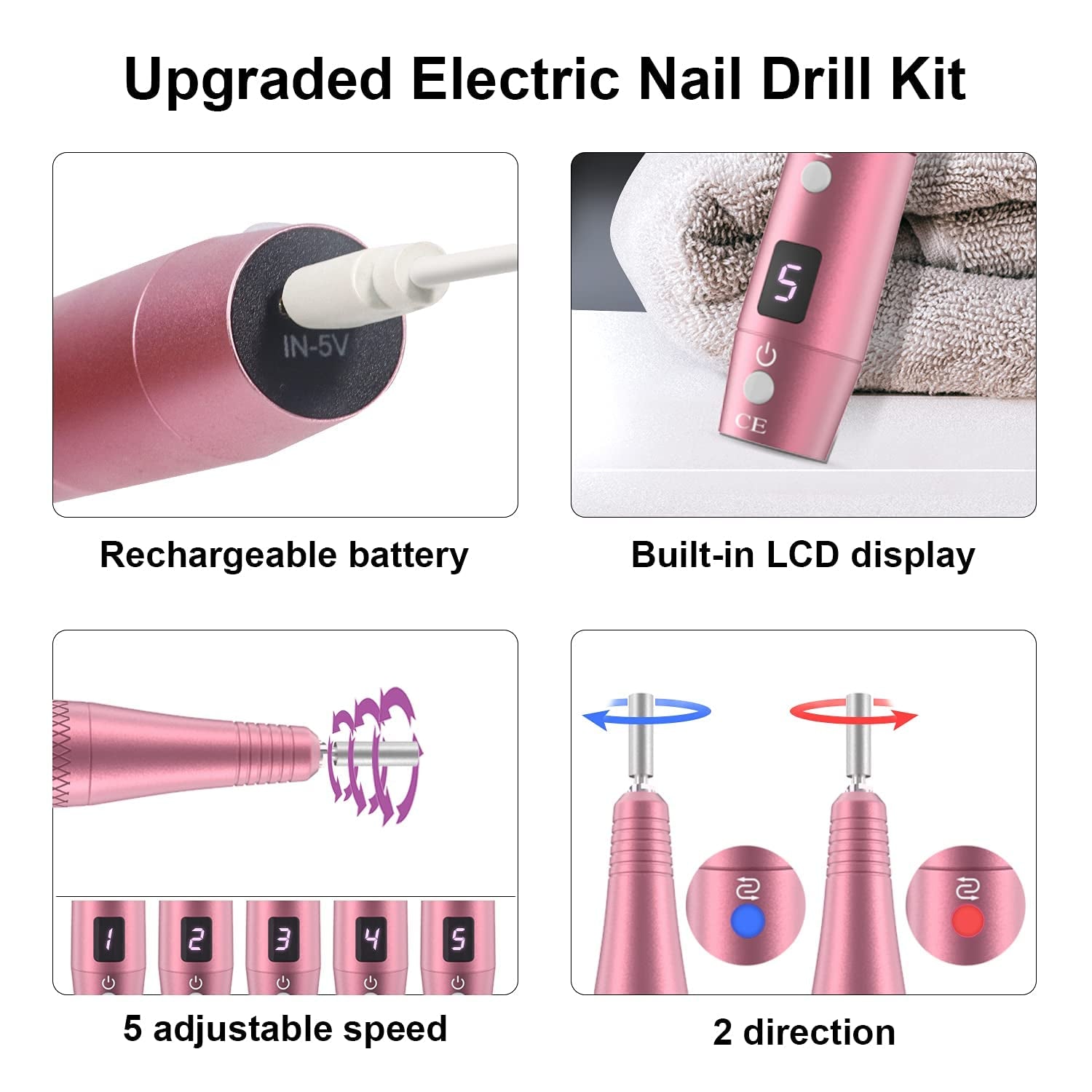 Cordless Electric Nail Drill, Professional Portable Manicure Nail Drill Kit 20000RPM Rechargeable 5 Adjustable Speeds LCD Display 11 Attachments for Acrylic Nails, Polishing, Nail Art
