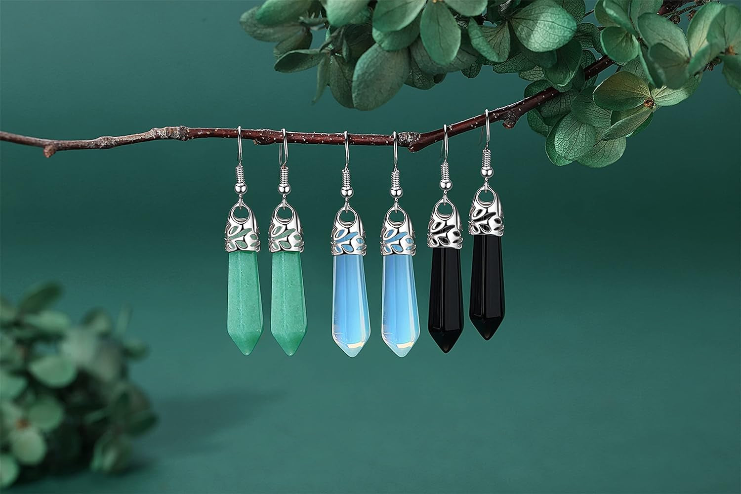 Healing Crystals Earrings Sets for Women Hexagonal Points Real Natural Green Aventurine Obsidian Opal Quartz Dangling Drop Dangle Earrings Spiritual Energy Gemstones Reiki Balancing Crystal