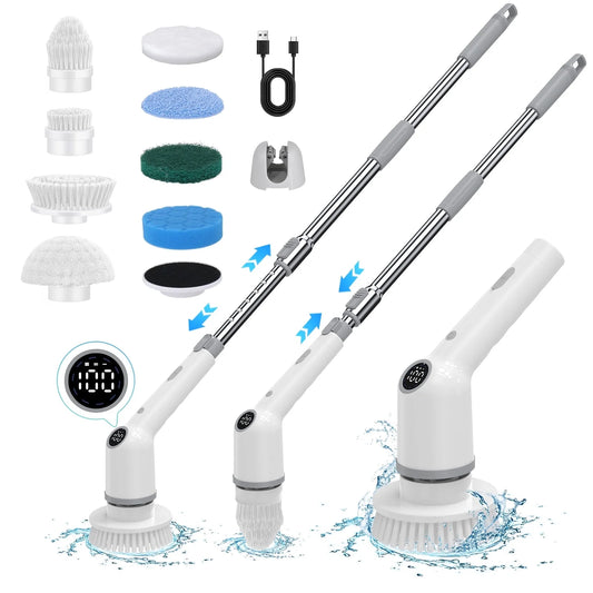 Electric Spin Scrubber, Cordless Shower Scrubber with 8 Scrub Brush, Adjustable Extension Handle, 450RPM Powerful Cleaning Brush for Bathtub Bathroom Kitchen Tub Tile Floor