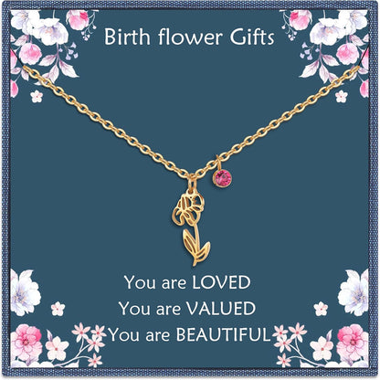 Birth Flower Necklaces Birthday Gifts for Women | 14K Gold Plated Birth Month Floral Birthstone Pendant Necklaces Wildflower Flowered Jewelry Gifts for Mom Friends