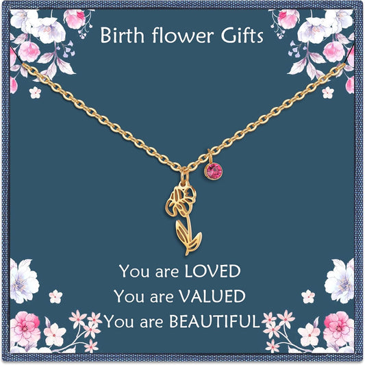 Birth Flower Necklaces Birthday Gifts for Women | 14K Gold Plated Birth Month Floral Birthstone Pendant Necklaces Wildflower Flowered Jewelry Gifts for Mom Friends