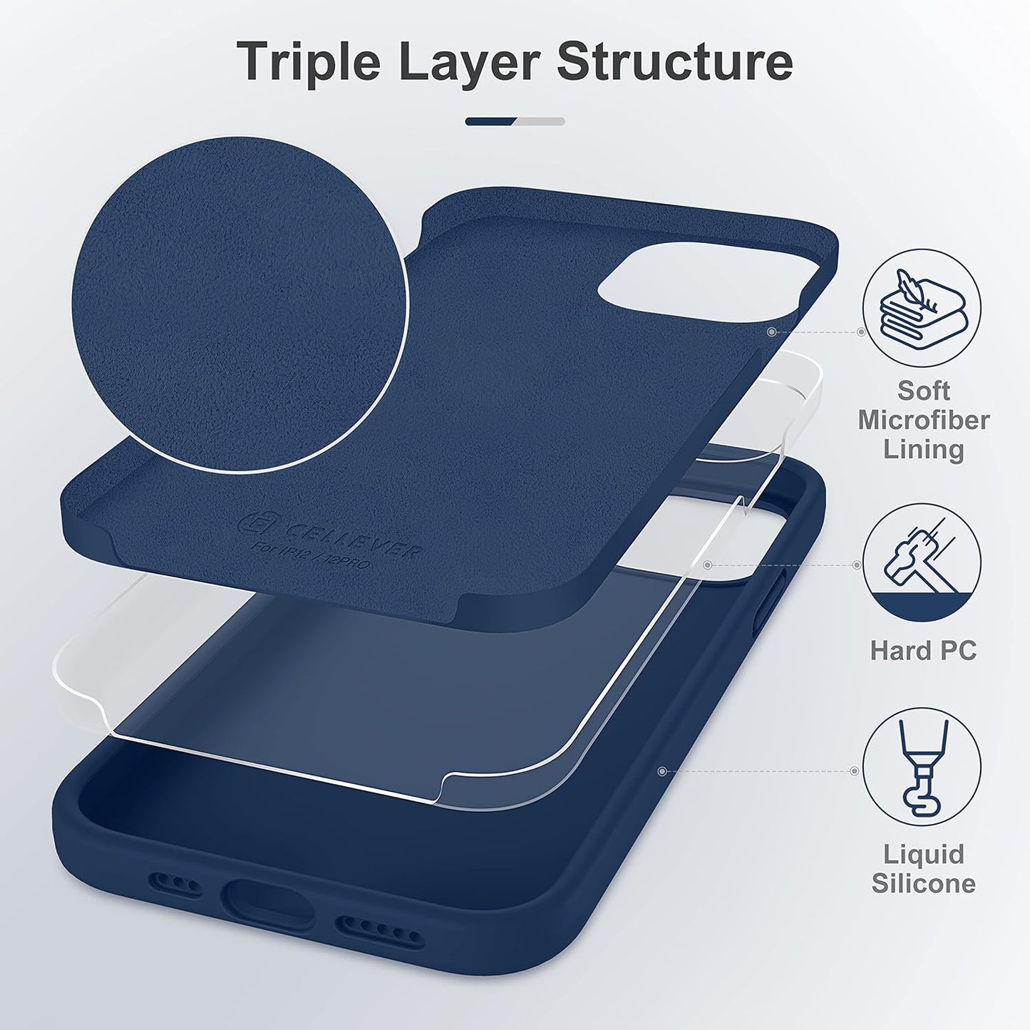 Heavy-Duty Silicone Case for Iphone 12/12 Pro - Two Shatterproof Glass Screen Protectors, Military Drop Protection, Scratch-Free Interior, Navy Blue