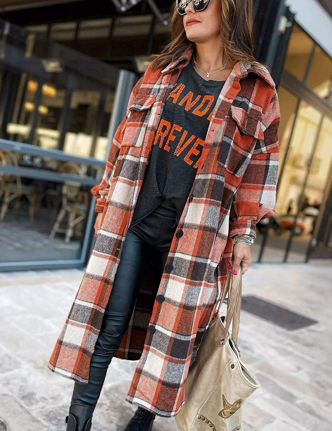 Women'S Flannel Plaid Shacket Fall Oversized Long Button down Shirt Jacket Shackets