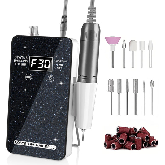 Professional Electric Nail Drill File: Glitter Portable Cordless E-File Nail Drill Kit with 11 Drill Bits,30000 RPM Rechargeable Nail Drills Machine for Acrylic Nails Gel Polishing(Black)