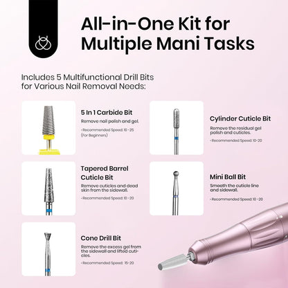 Beetles Electric Nail Drill Cordless, 35 Adjustable Speeds Portable Nail Drill Rose Gold Long Battery Life Polishing Set Professional Nails Machine Kit Manicure Pedicure Tools for Home Salon Use
