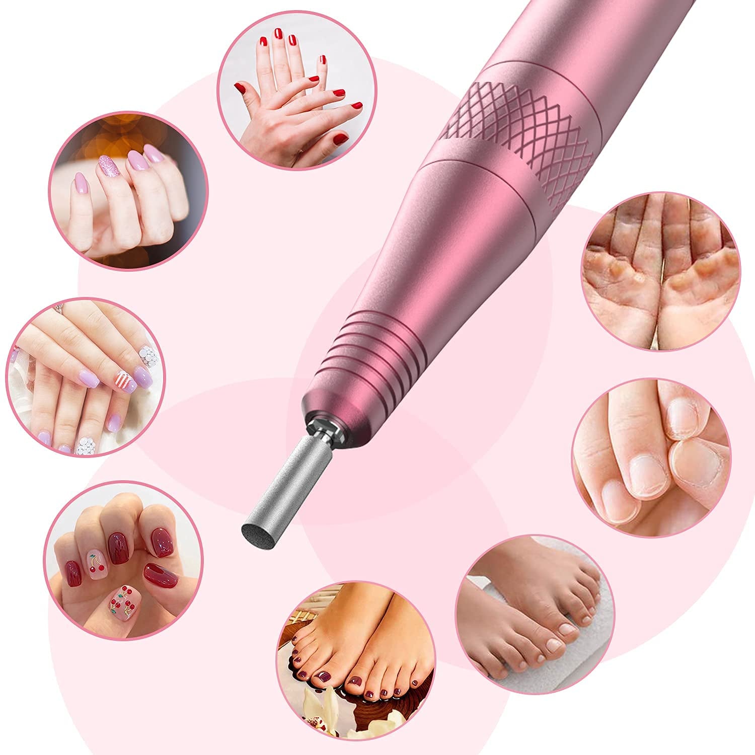 Cordless Electric Nail Drill, Professional Portable Manicure Nail Drill Kit 20000RPM Rechargeable 5 Adjustable Speeds LCD Display 11 Attachments for Acrylic Nails, Polishing, Nail Art