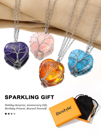 Tree of Life Heart Crystal Necklaces November Birthstone Pendant Synthetic Citrine Gemstones Healing Necklaces for Mother Wife